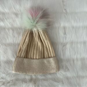 Bari Lynn Metallic Gold with Fur Pompom Beanie